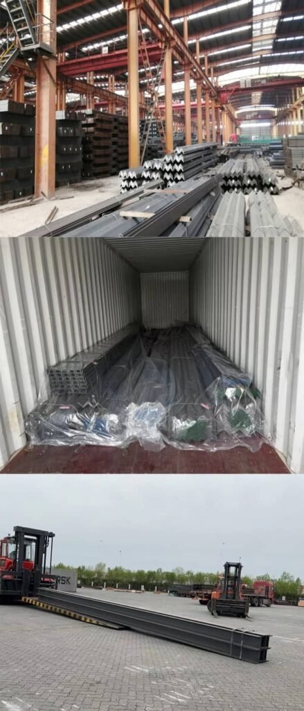 Tangshan steel export logistics process: warehouse storage of angle steel, professional container loading of wrapped profiles, and heavy forklift handling of H-beams for global delivery.